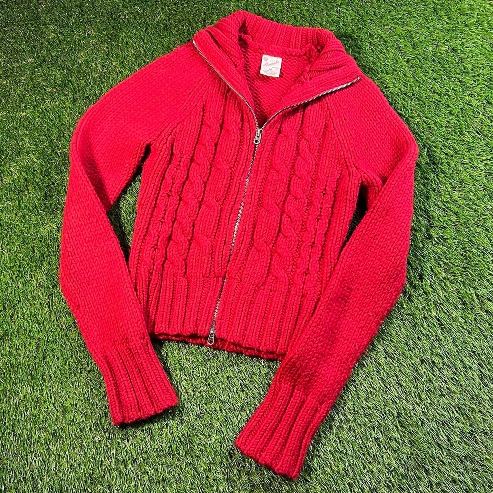 Vintage Abercrombie Red Cable Knit Wool Blend Full Zip Sweater Womens Medium 90s